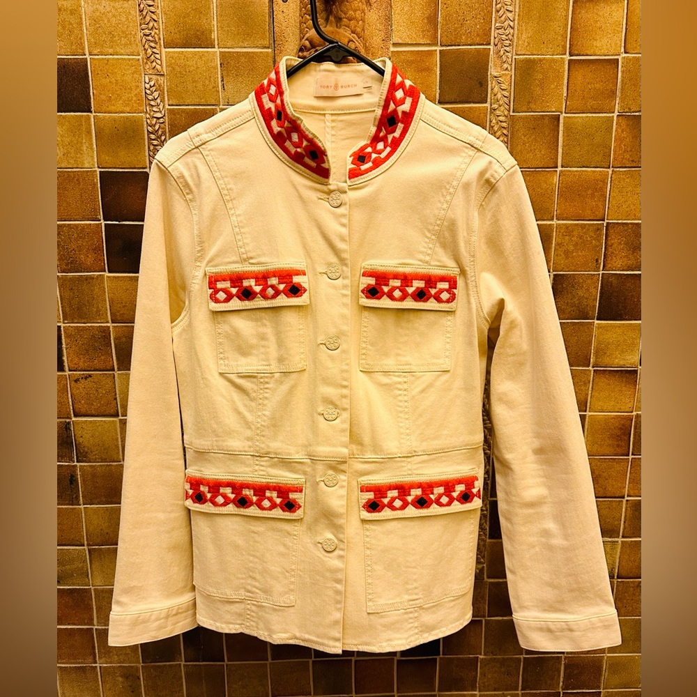 Tory Burch cream embroidered jacket L approx. 20" pit to pit Very good pre-owned